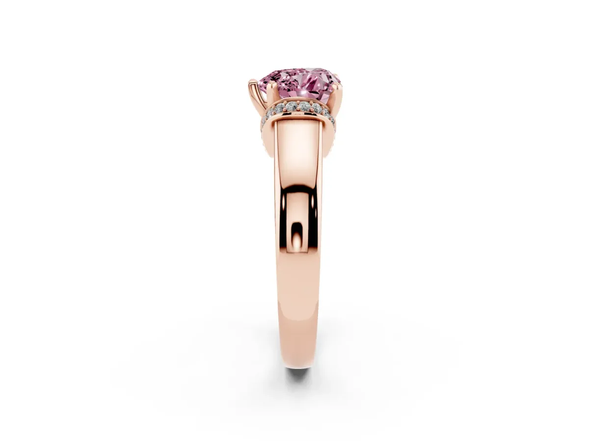 Fancy Pink Heart Cut Solitaire Diamond Ring with Pave Band and Six-Prong Setting Rose gold