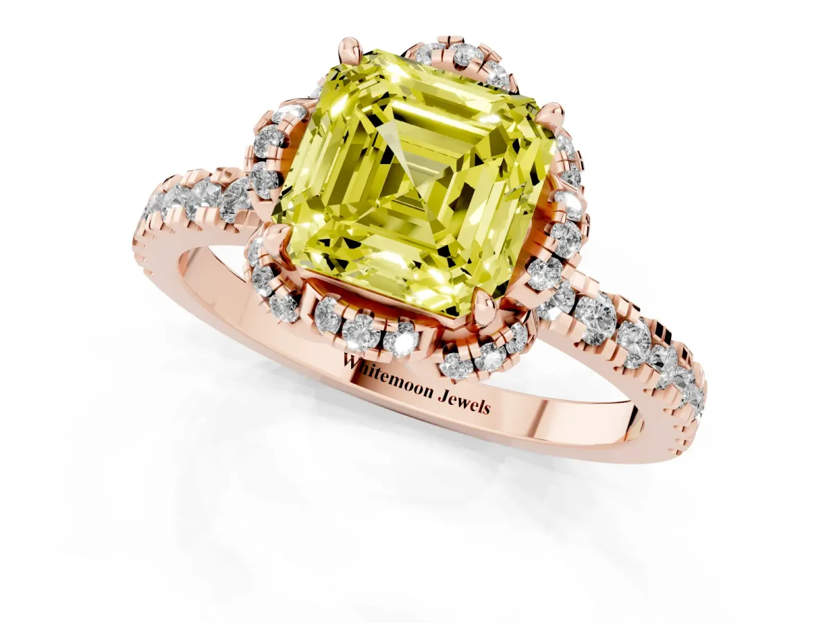 Fancy Yellow Asscher Cut Halo Diamond Pave Band Ring with Four-Prong Setting Rose gold