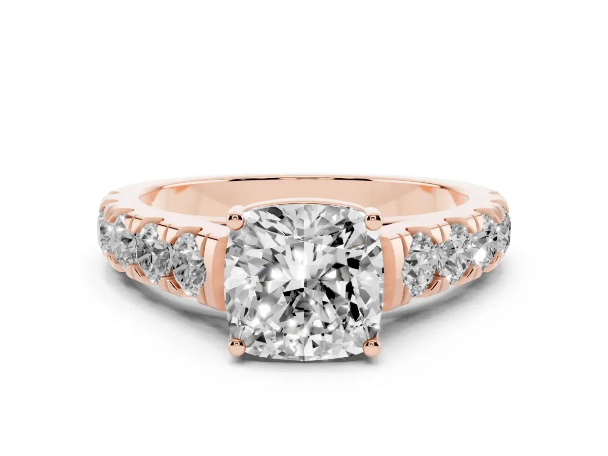 Cushion Cut Cut Diamond Solitaire Ring with Micro Pave Band and Prong Setting Rose gold