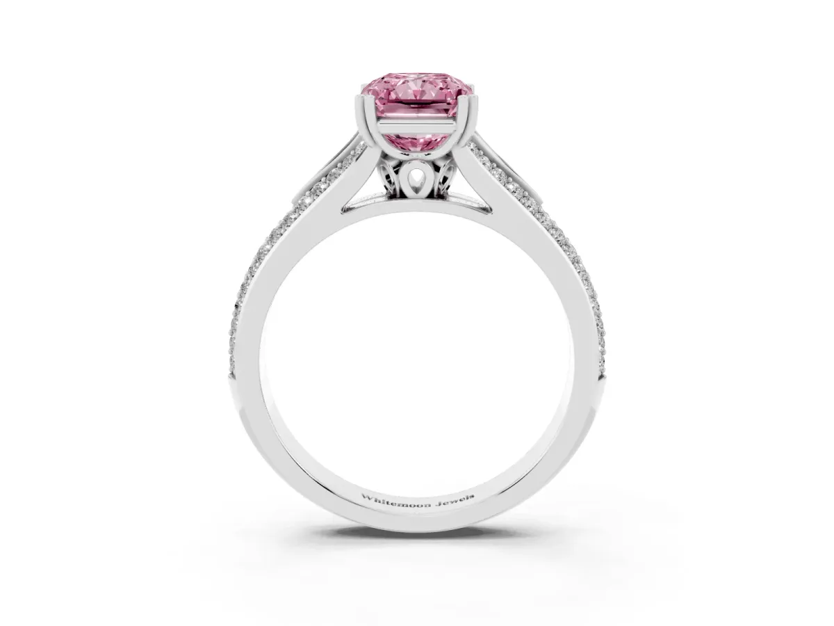 Fancy Pink Radiant Cut Diamond Split Shank Engagement Ring with Pavé Band Platinum