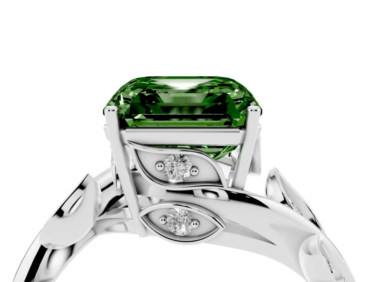 Fancy Green Asscher Cut Solitaire Twist Engagement Ring with Leaf Accents and Prong Setting Silver