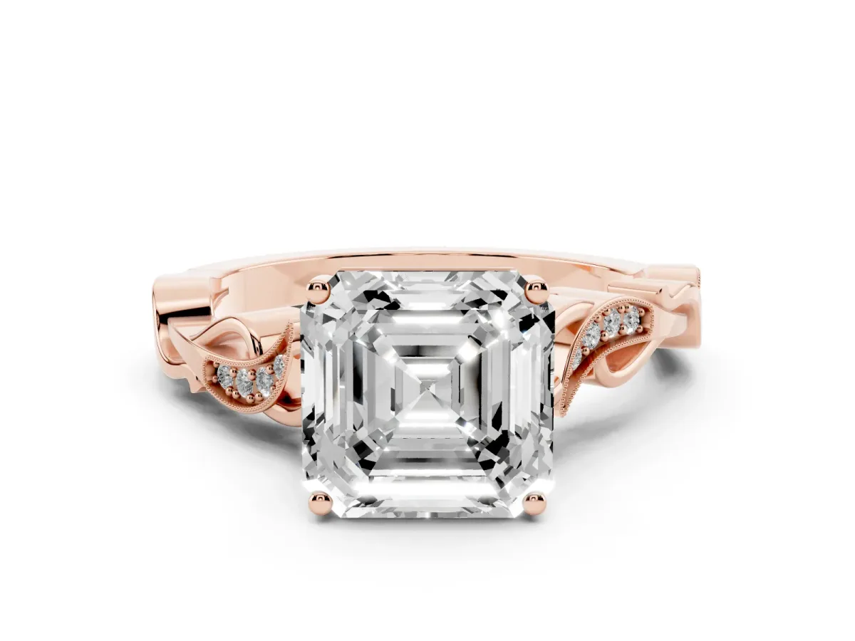 Asscher Cut Solitaire Vine Band with Milgrain Prong Setting Rose gold