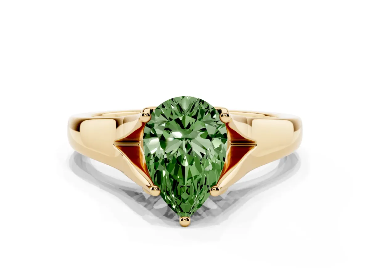 Fancy Green Pear Cut Solitaire Diamond Ring with Cathedral Band and Four-Prong Setting Yellow gold