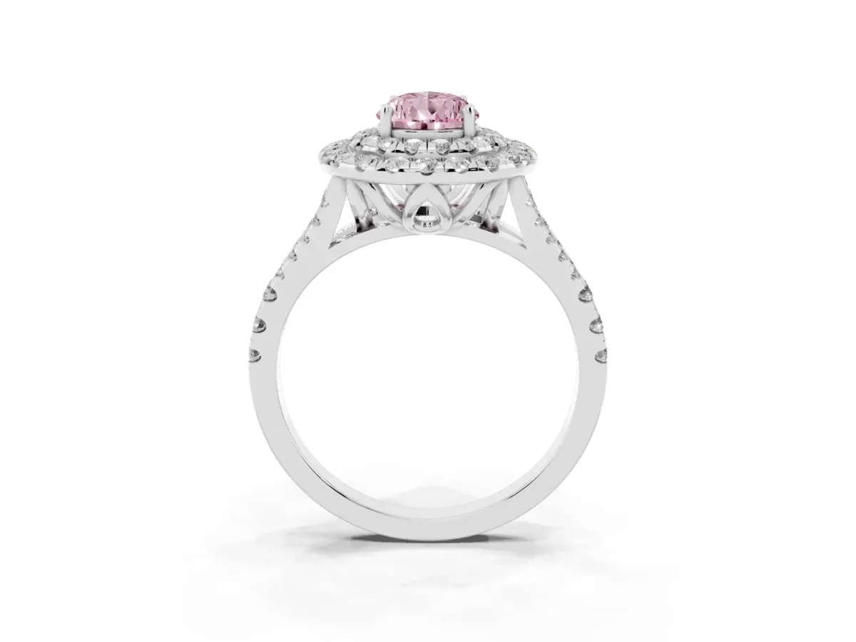 Fancy Pink Double Halo Pear Cut Diamond Pavé Split Shank Ring with Prong Setting White gold