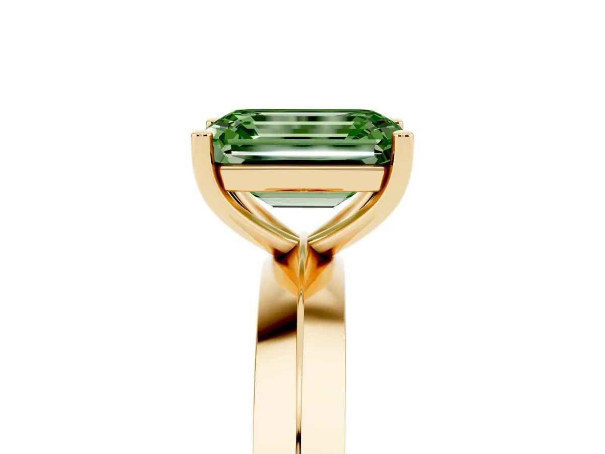 Fancy Green Emerald Cut Cut Solitaire Engagement Ring with Flat Band and Four-Prong Setting Yellow gold
