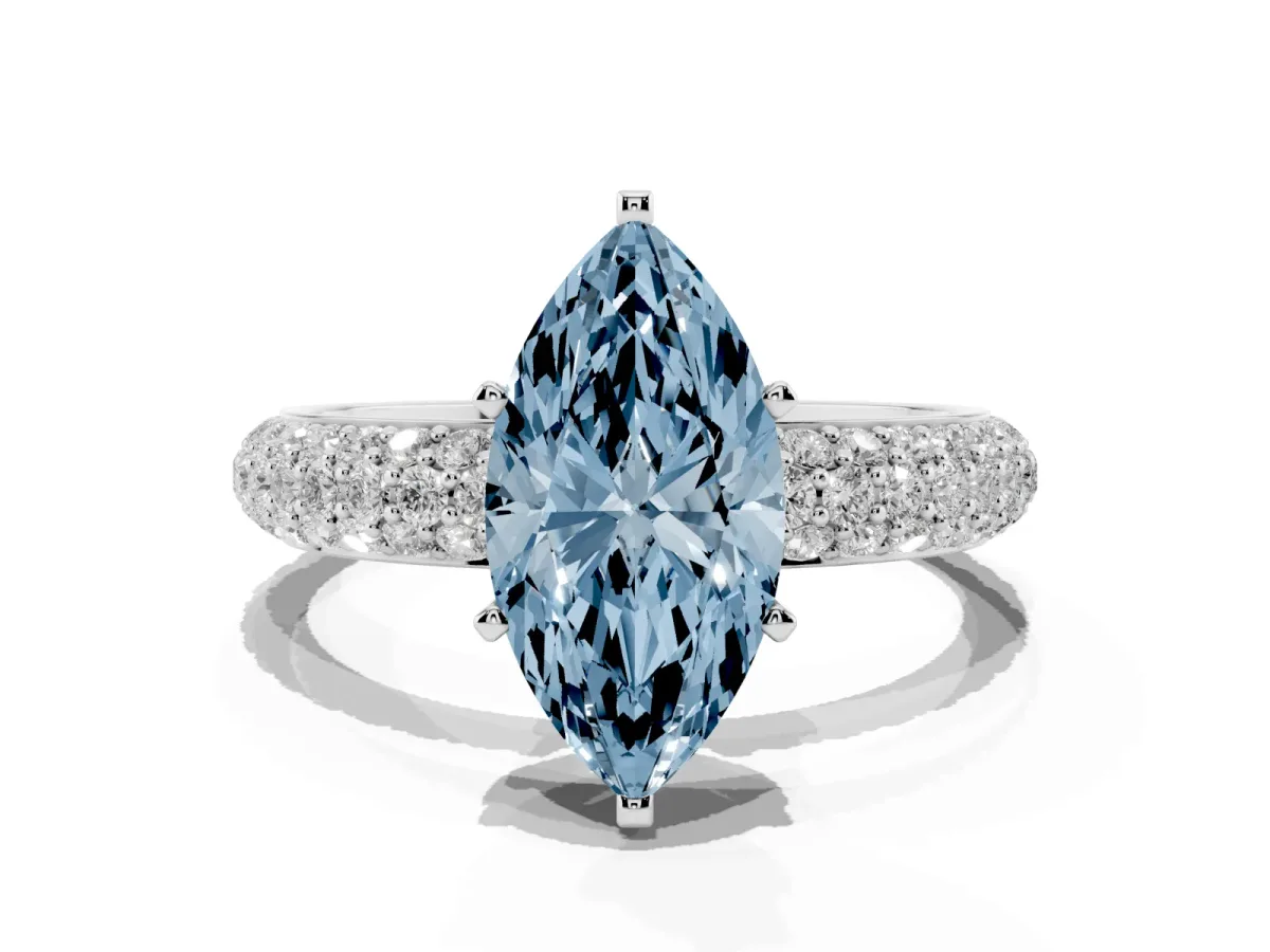Fancy Blue Marquise Cut Diamond Solitaire Ring with Prong Setting and Pavé Band Silver