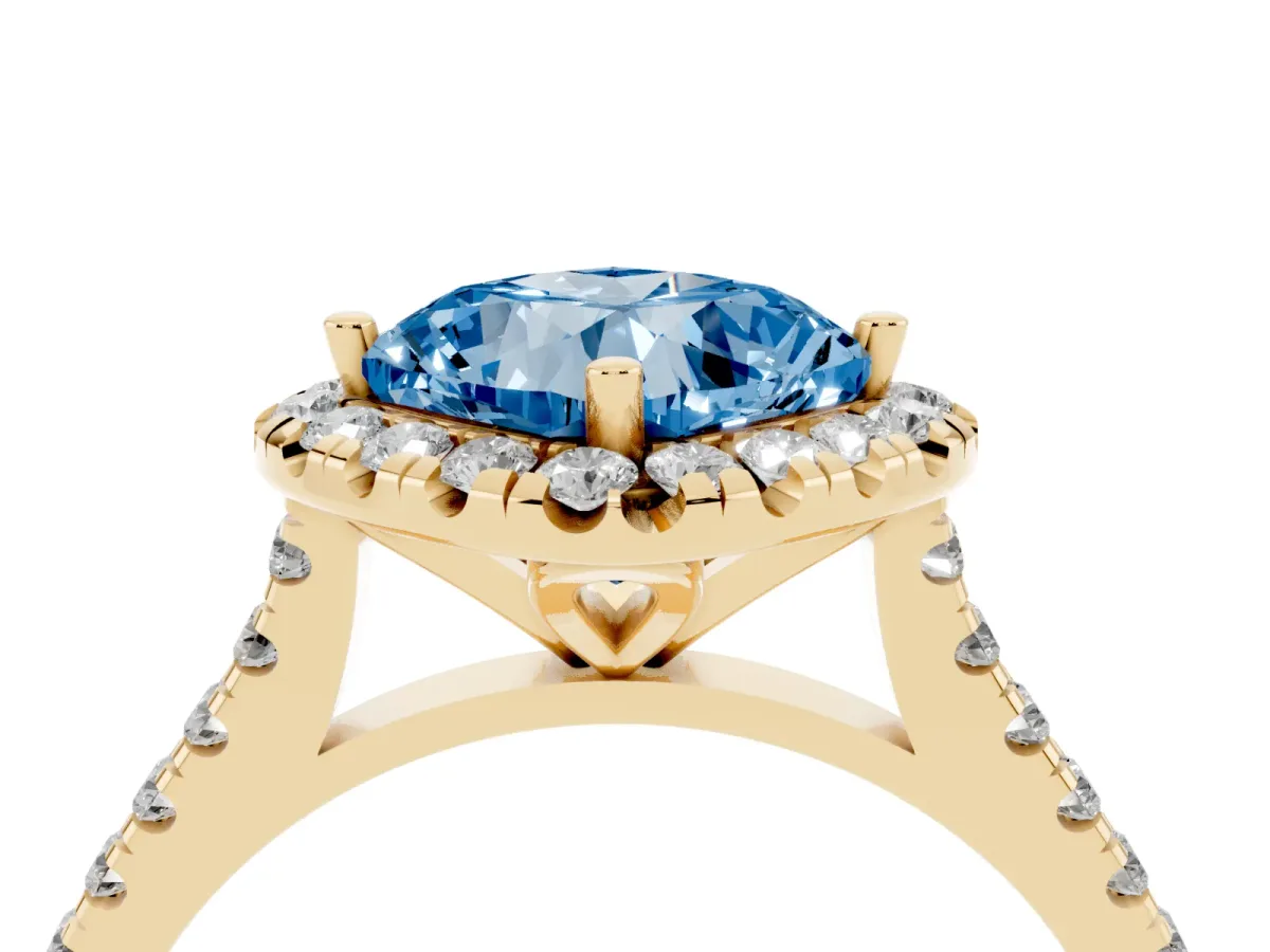 Fancy Blue Cushion Cut Diamond Cushion Halo Ring with Pavé Band Yellow gold