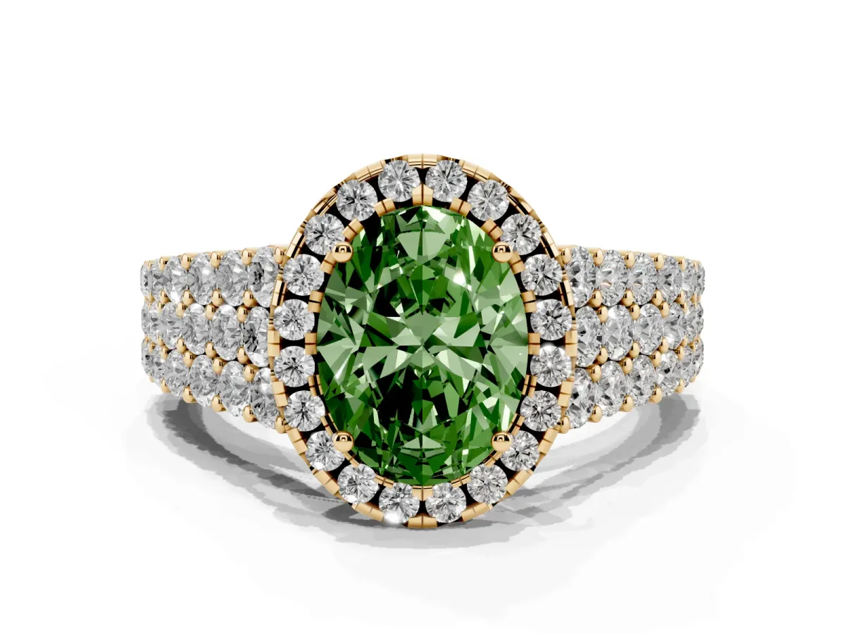 Fancy Green Oval Cut Diamond Halo Engagement Ring with Triple Row Round Pavé Band and Prong Setting Yellow gold