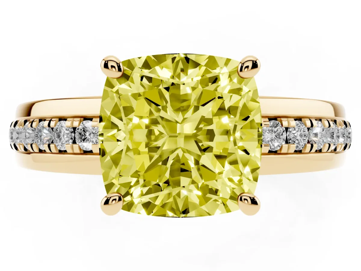 Fancy Yellow Cushion Cut Solitaire Diamond Ring with Channel Set Band and Six-Prong Setting Yellow gold