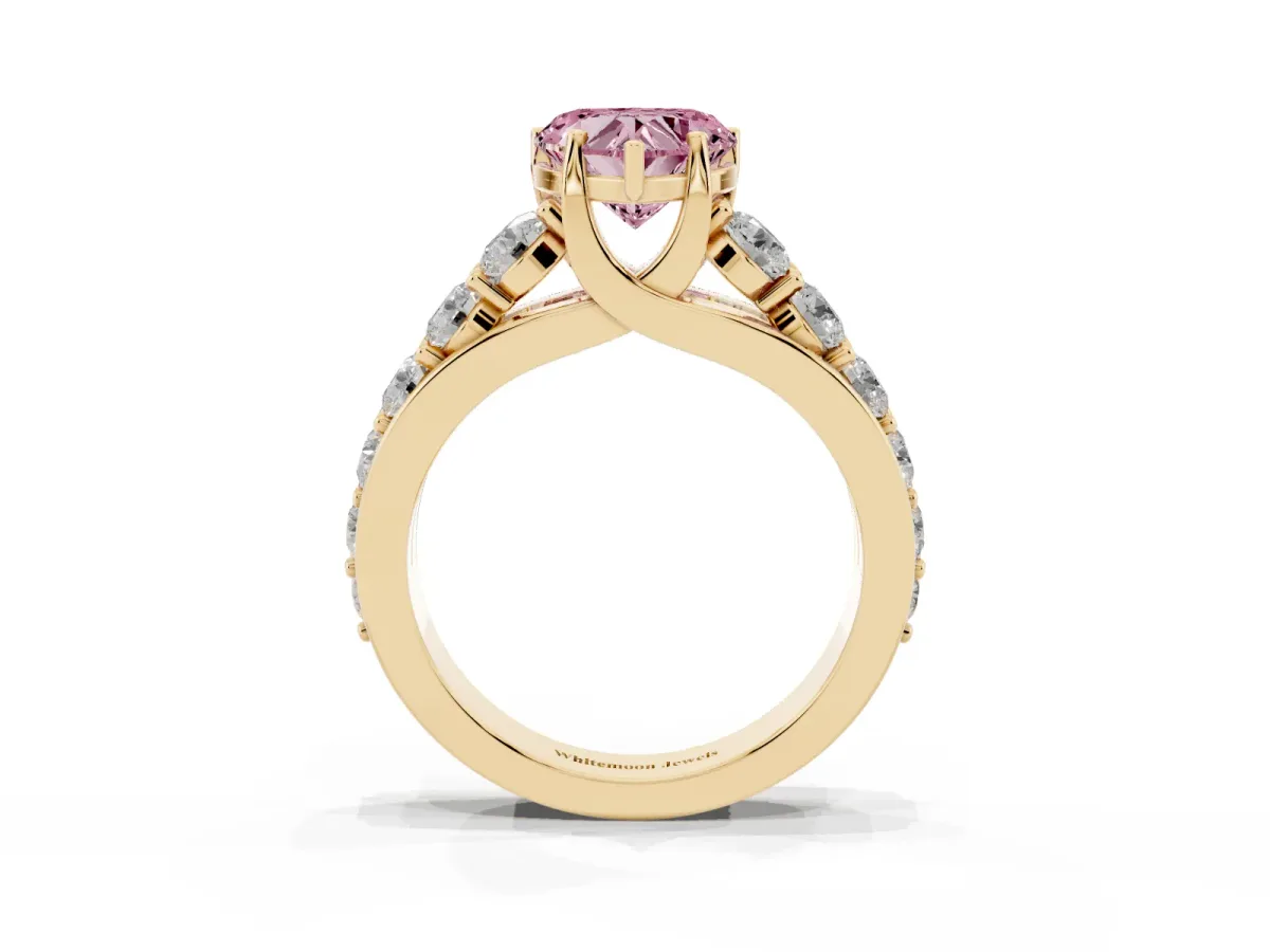 Fancy Pink Heart Cut Diamond Engagement Ring with Pavé Band and Four-Prong Setting Yellow gold