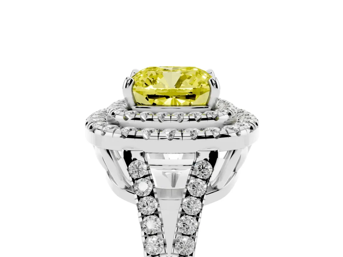 Fancy Yellow Cushion Cut Diamond Double Halo Ring with Pavé Band and Prong Setting Platinum