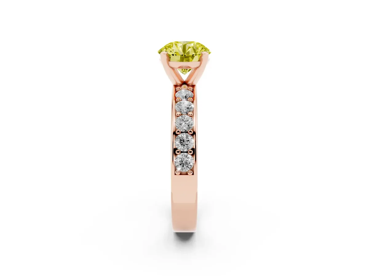 Fancy Yellow Round Cut Diamond Engagement Ring with Channel Set Round Band and Prong Setting Rose gold