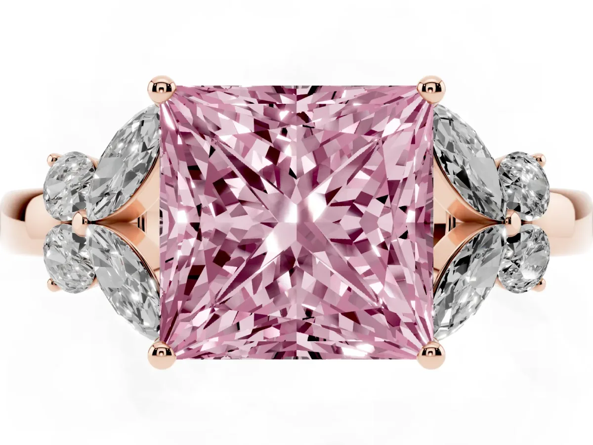 Fancy Pink Princess Cut Cut Solitaire Floral Diamond Ring with Four-Prong Setting Rose gold