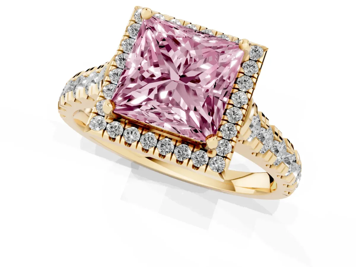 Fancy Pink Princess Cut Halo Pavé Diamond Engagement Ring with Four-Prong Setting Yellow gold