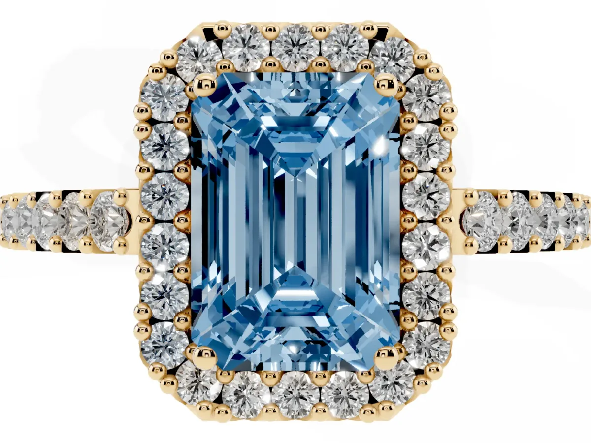 Fancy Blue Emerald Cut Halo Diamond Pavé Solitaire Ring Yellow gold