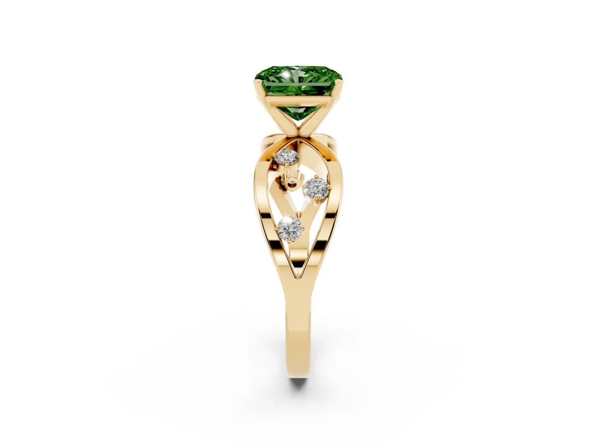 Fancy Green Radiant Cut Cut Solitaire Diamond with Side Stones on Criss-Cross Band and Four-Prong Setting Yellow gold