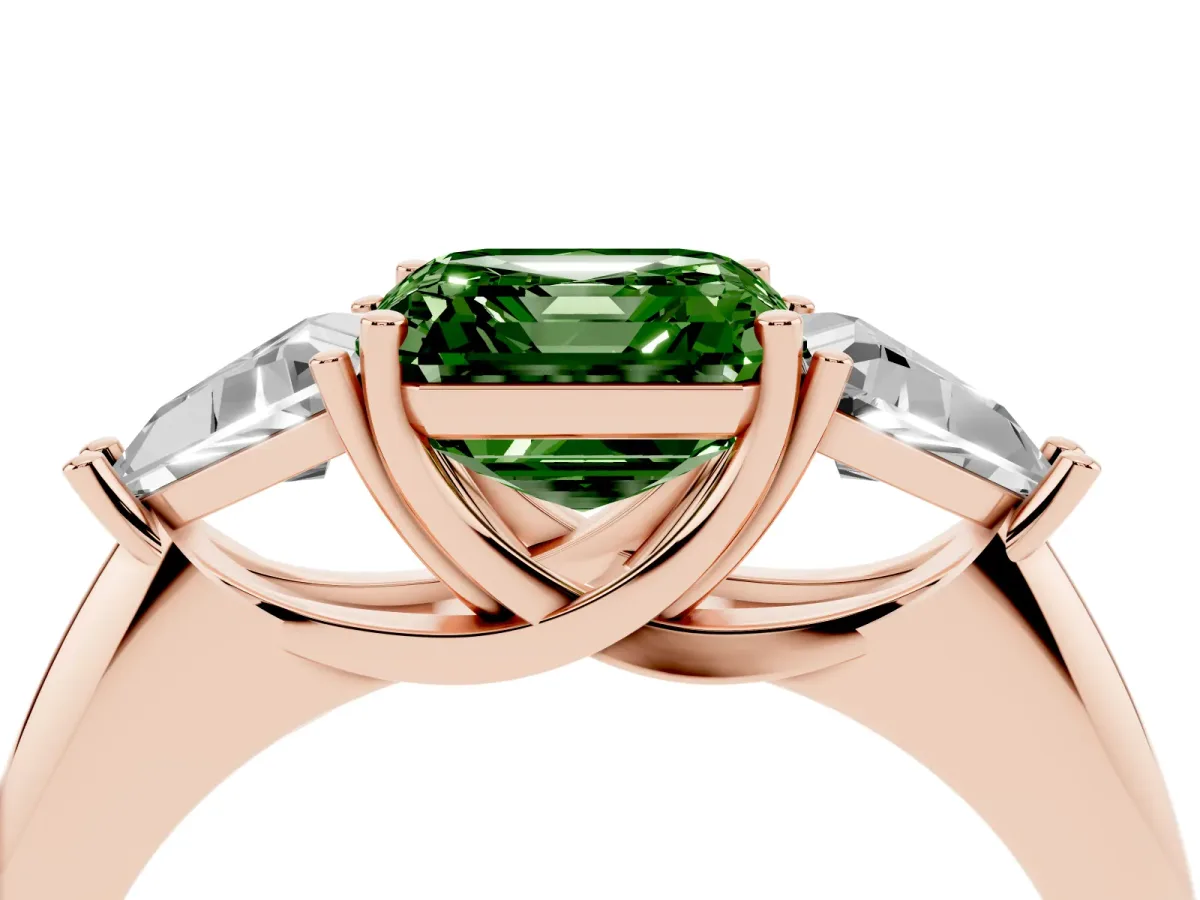 Fancy Green Three-Stone Asscher Cut Diamond Engagement Ring with Trillion Side Stones and Prong Setting Rose gold