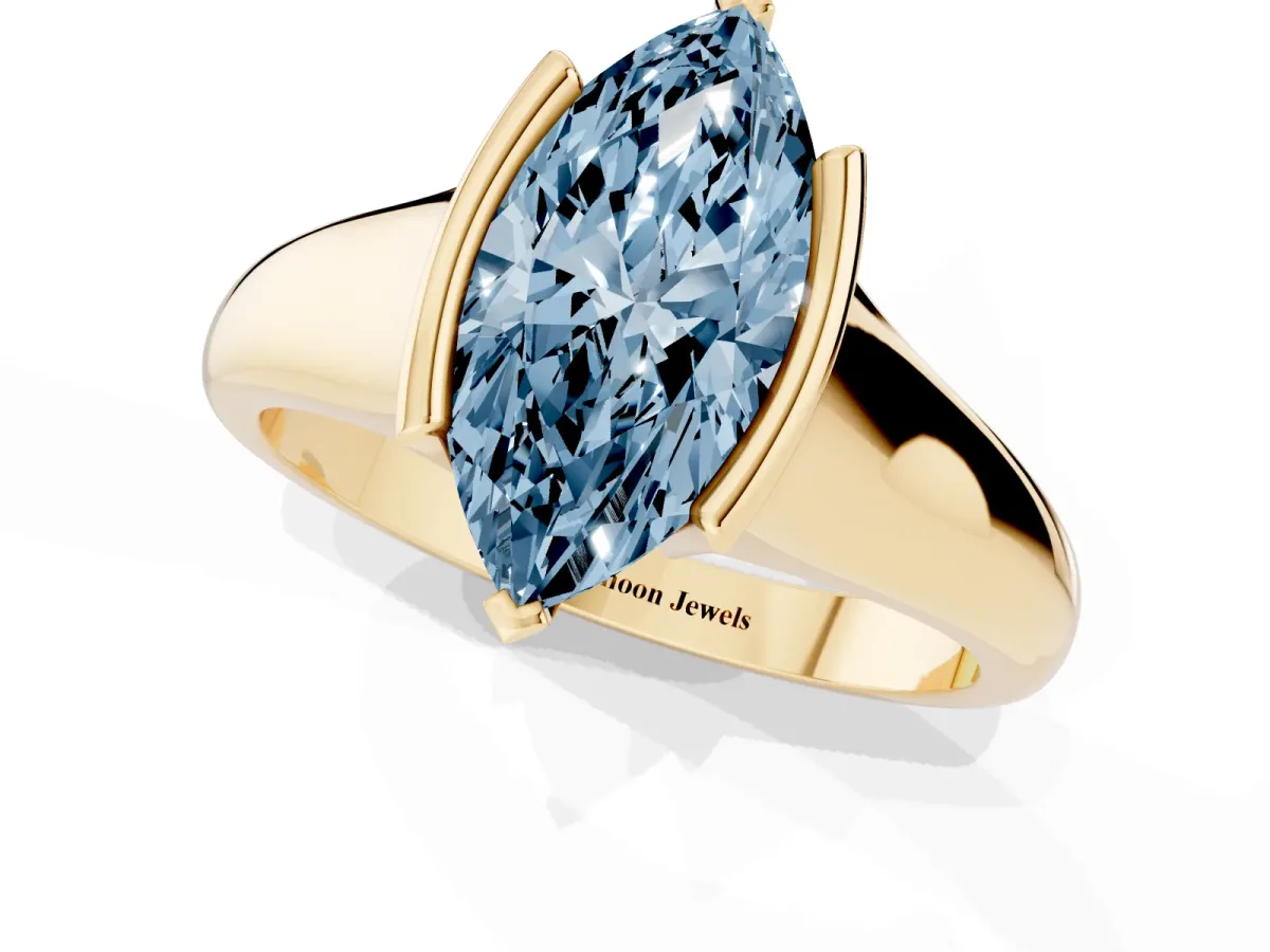 Fancy Blue Marquise Cut Solitaire Tension Set Diamond Ring with Split Shank Band Yellow gold