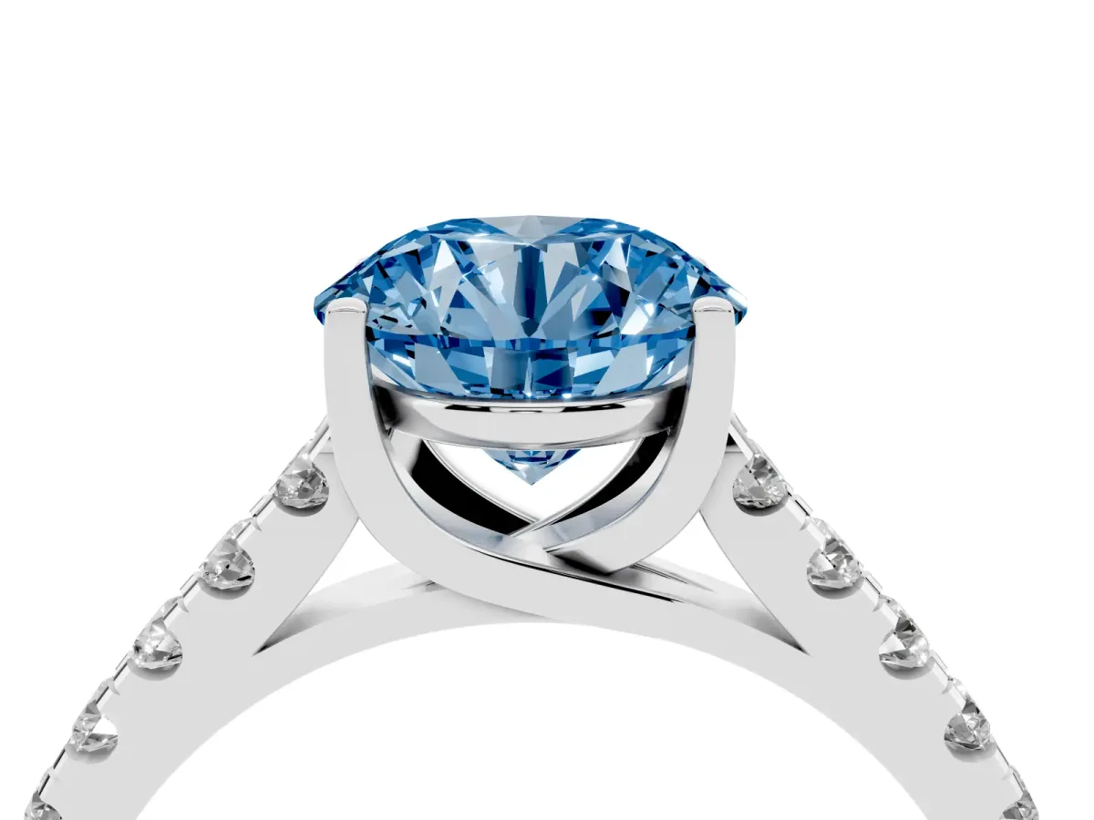 Fancy Blue Round Cut Diamond Pavé Band Solitaire Ring with Prong Setting Platinum
