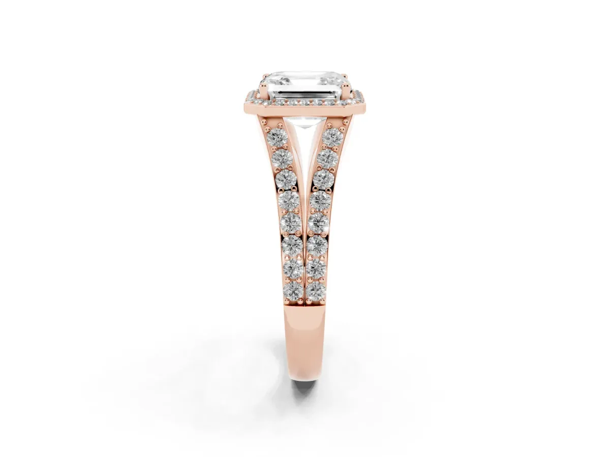 Asscher Cut Diamond Split Shank Halo Ring with Four-Prong Setting Rose gold