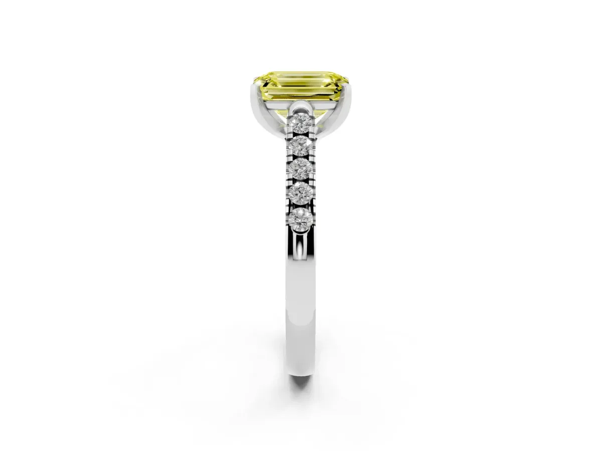 Fancy Yellow Emerald Cut Diamond Pavé Band Solitaire Ring with Prong Setting Silver