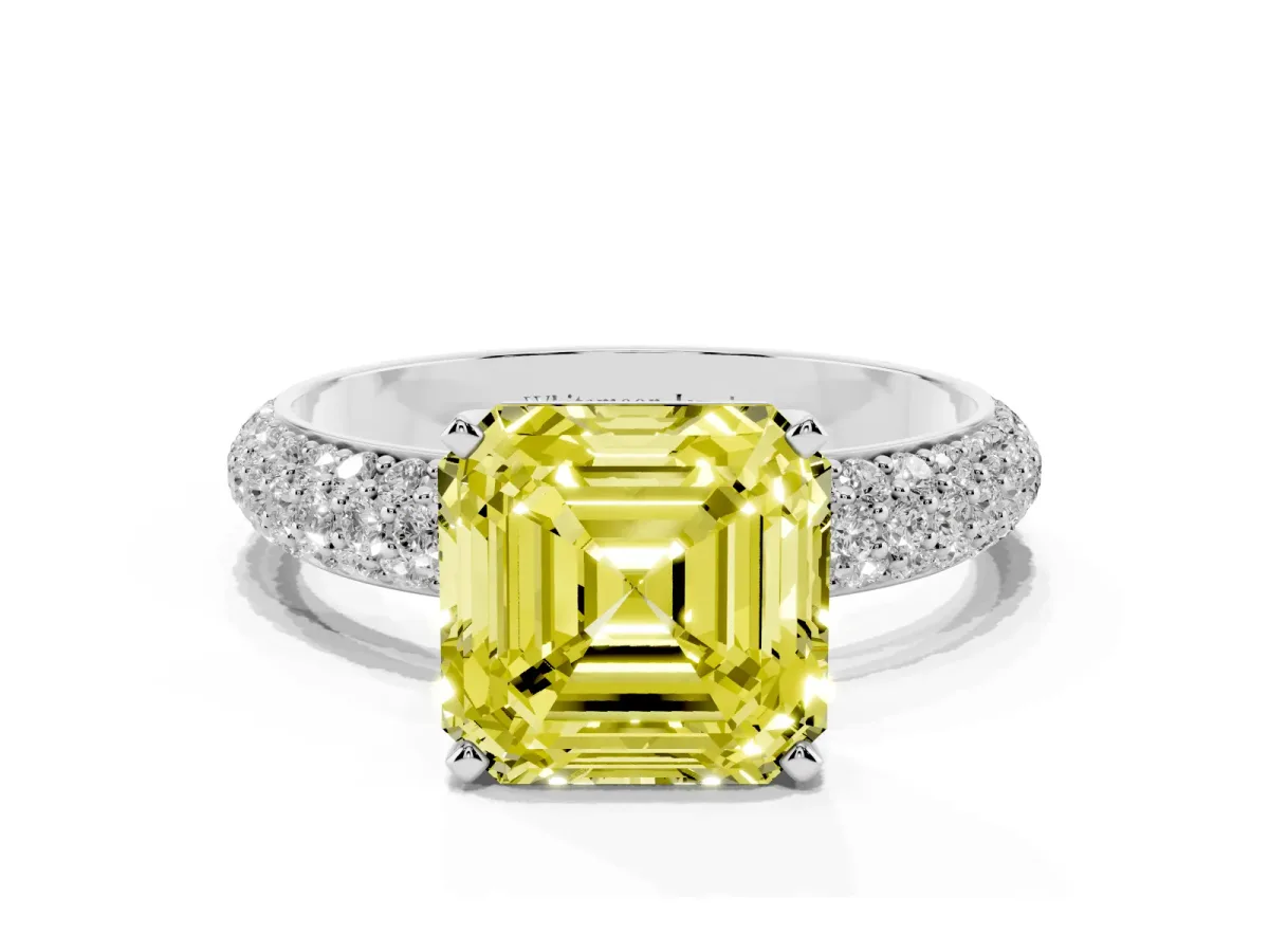Fancy Yellow Asscher Cut Diamond Solitaire Ring with Prong Setting and Pavé Band Silver