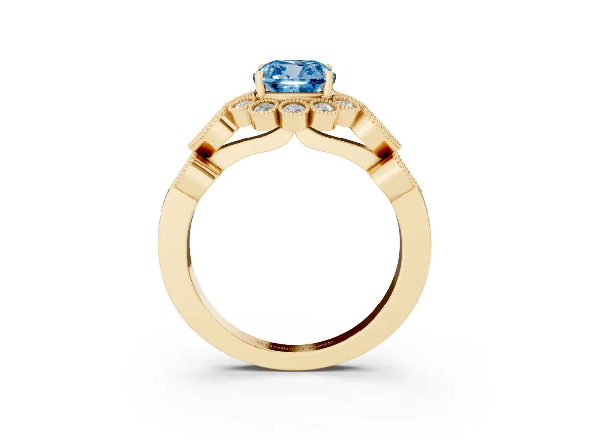 Fancy Blue Cushion Cut Brilliant Milgrain Pave Heart Band Solitaire Ring Yellow gold