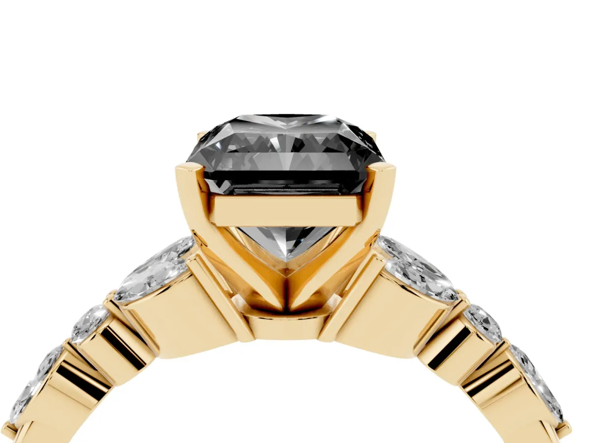 Fancy Black Radiant Cut Diamond Solitaire Ring with Side Stones and Four-Prong Setting Yellow gold