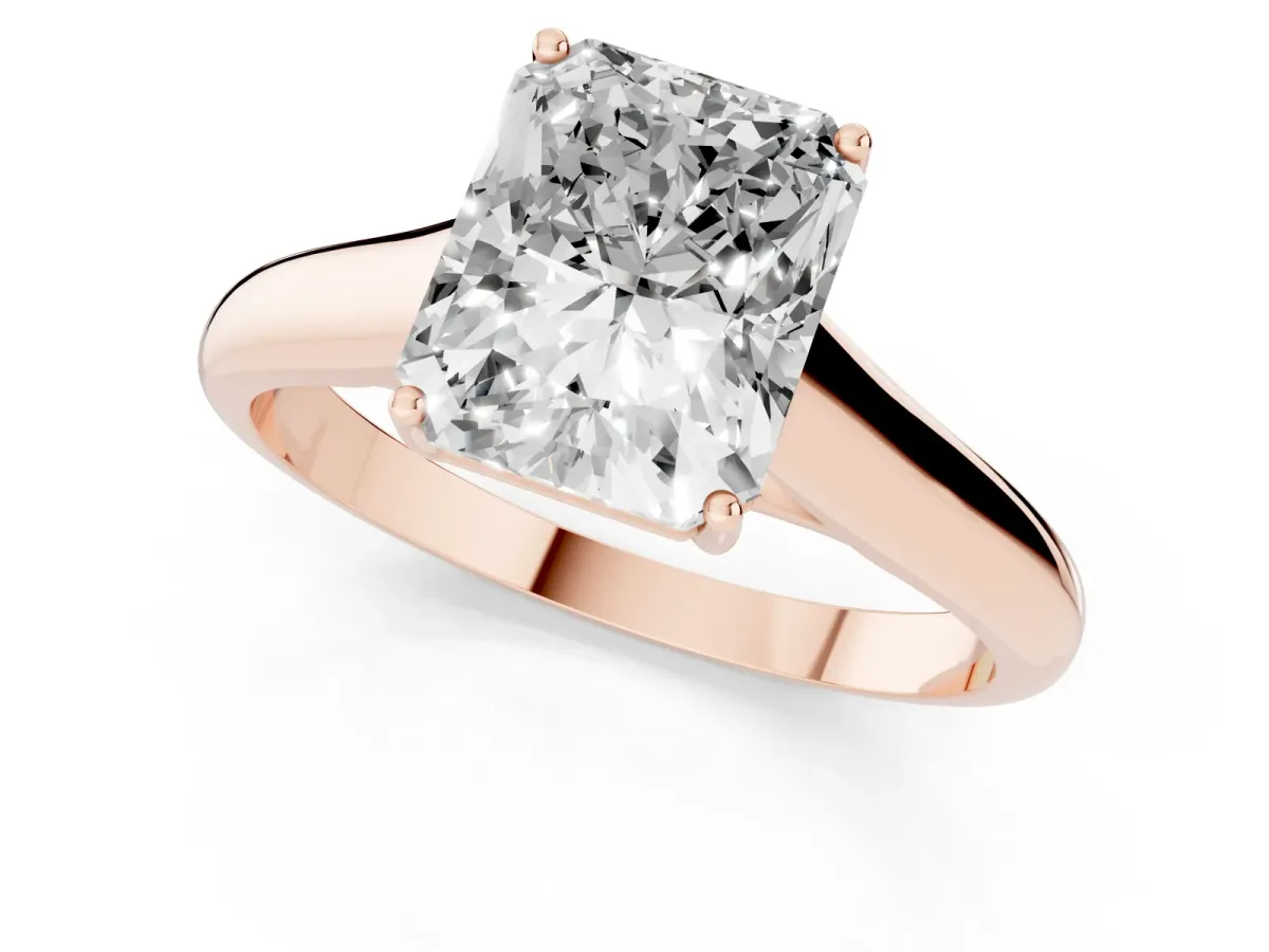 Radiant Cut Solitaire Engagement Ring with Tapered Band and Four-Prong Setting Rose gold
