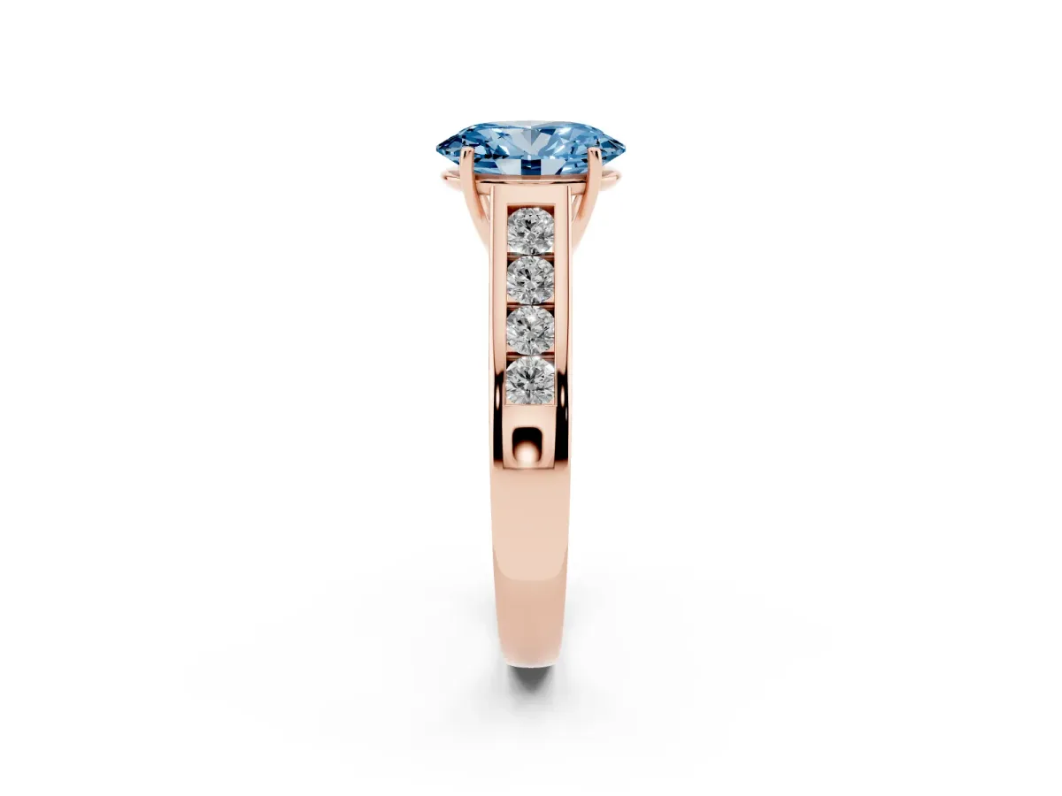 Fancy Blue Oval Cut Brilliant Channel-Set Solitaire Ring with Four-Prong Setting Rose gold