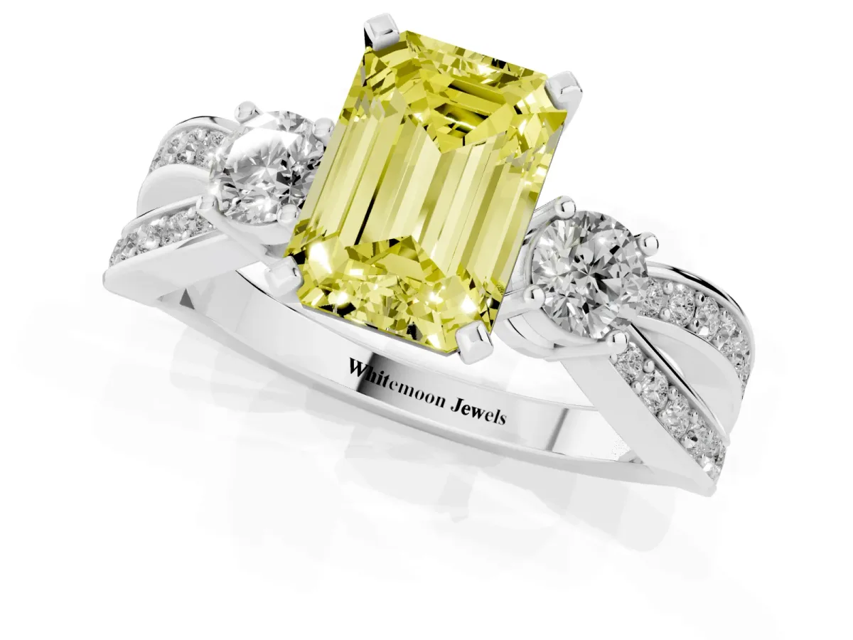 Fancy Yellow Three-Stone Emerald Cut Cut Diamond Twist Band with Prong Setting Platinum