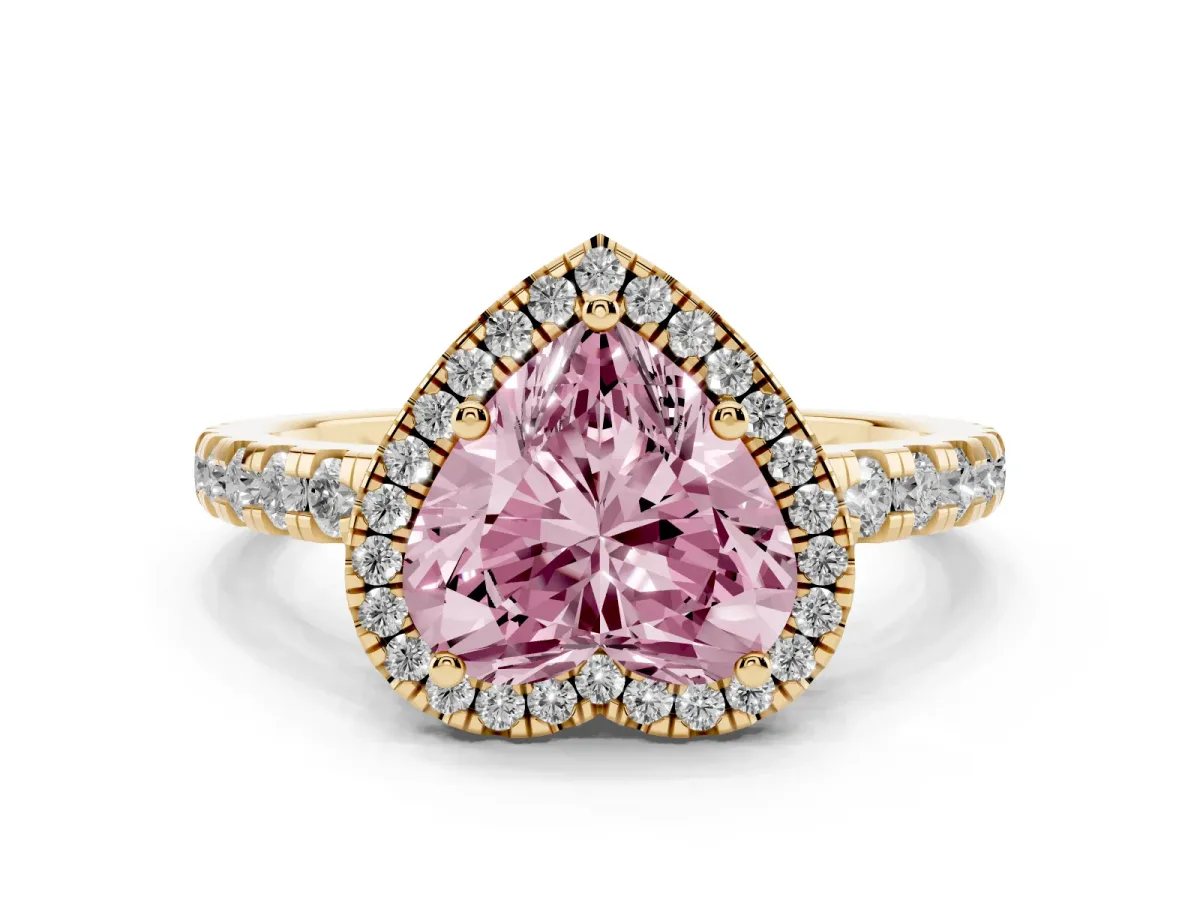 Fancy Pink Heart Cut Diamond Halo Ring with Pavé Band and Four-Prong Setting Yellow gold
