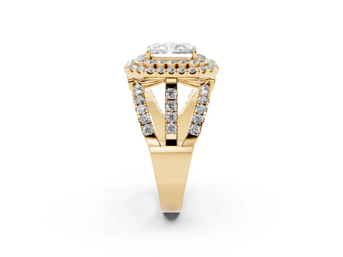 Radiant Cut Diamond Double Halo Ring with Round Pavé Split Shank and Prong Setting Yellow gold