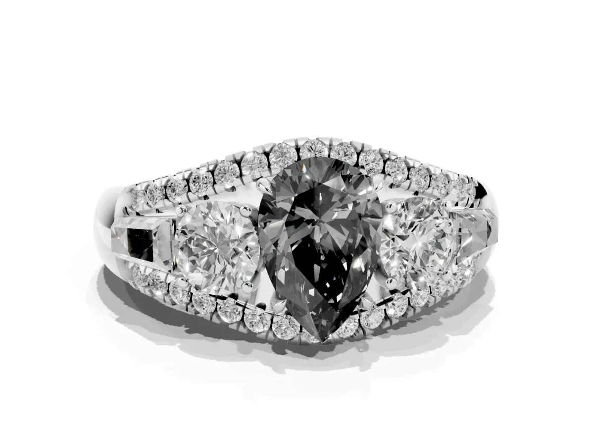 Fancy Black Three-Stone Pear Cut Diamond Engagement Ring with Pave Band and Prong Setting Silver