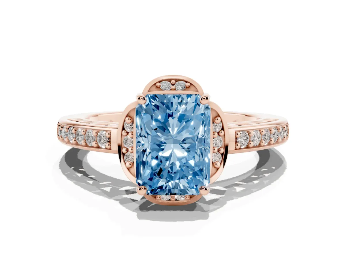Fancy Blue Radiant Cut Cut Halo Diamond Ring with Channel Set Band and Four-Prong Setting Rose gold
