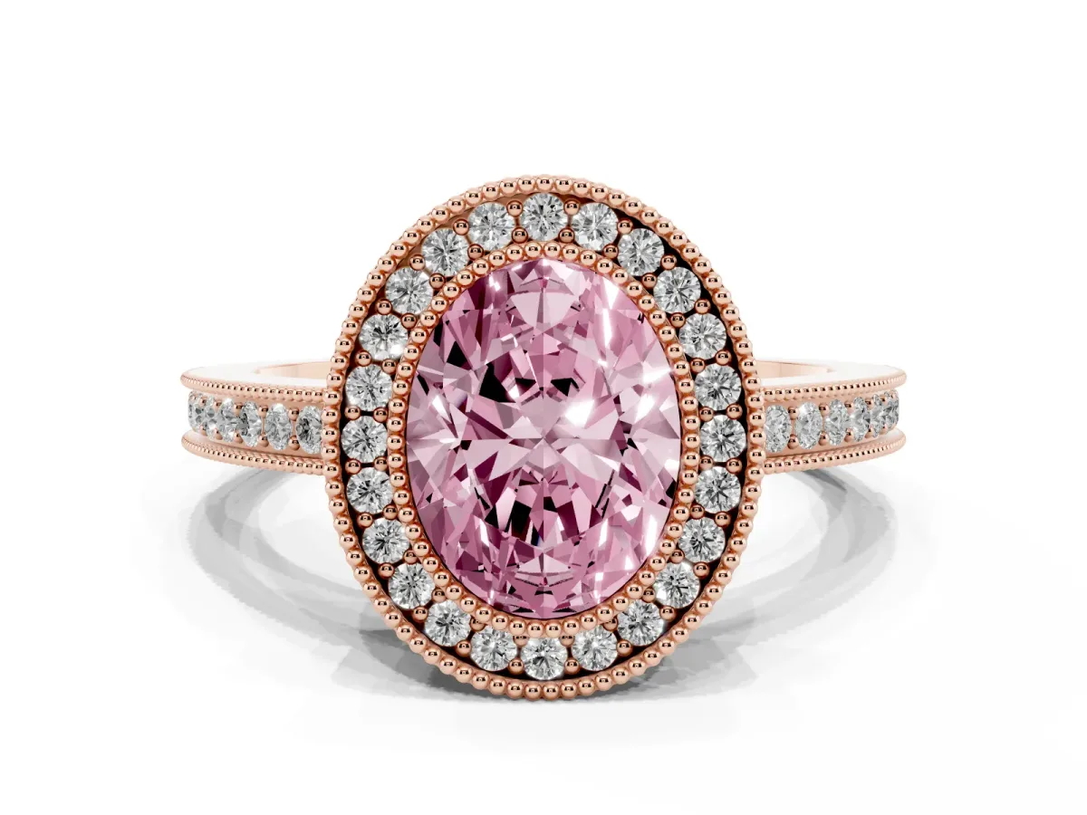 Fancy Pink Oval Cut Cut Halo Diamond Ring with Pavé Band and Milgrain Prong Setting Rose gold