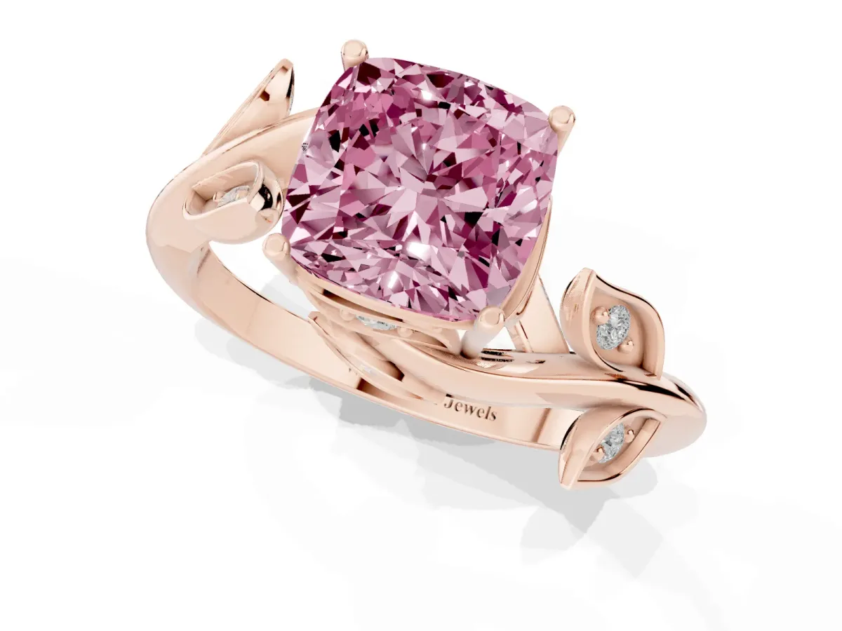 Fancy Pink Cushion Cut Solitaire Twist Engagement Ring with Leaf Accents and Prong Setting Rose gold