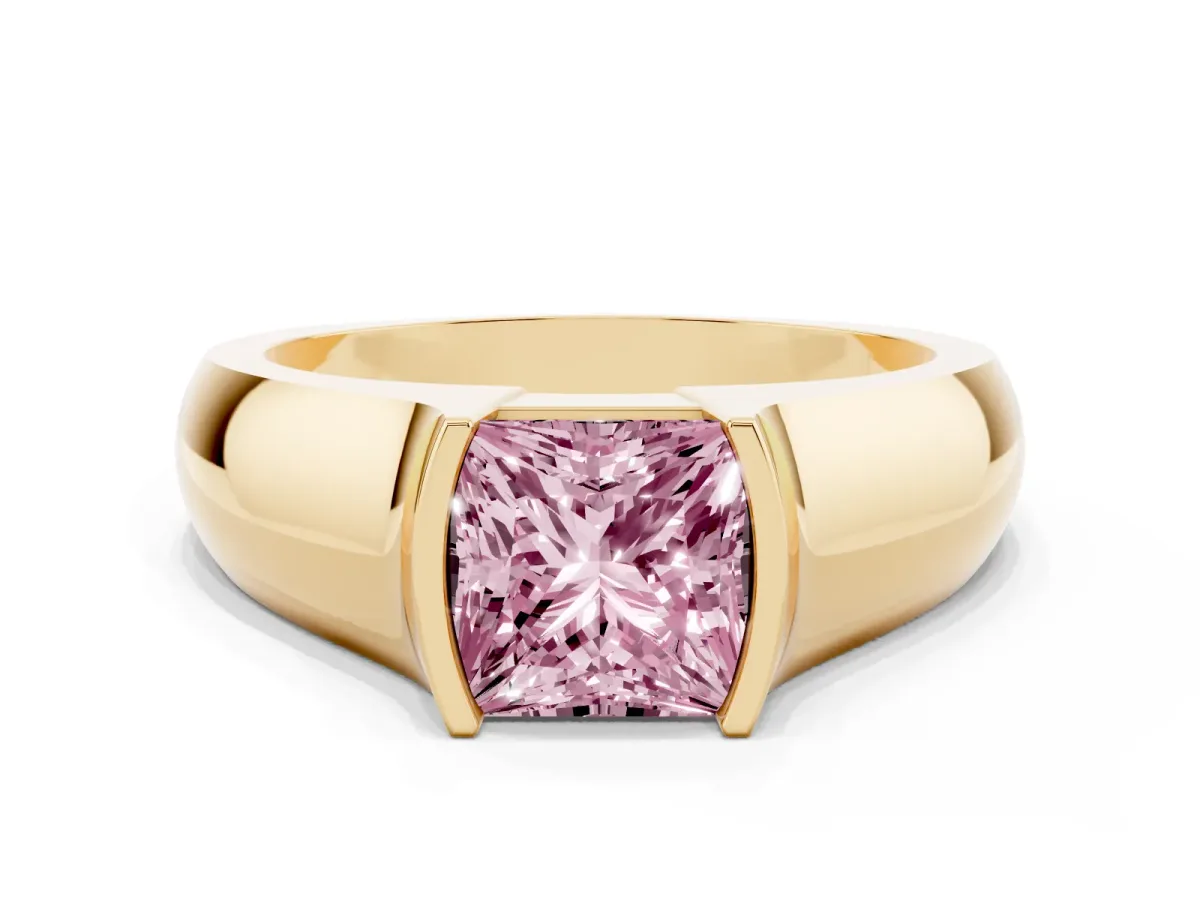 Fancy Pink Princess Cut Solitaire Bezel Set Diamond Ring with Wide Band Yellow gold