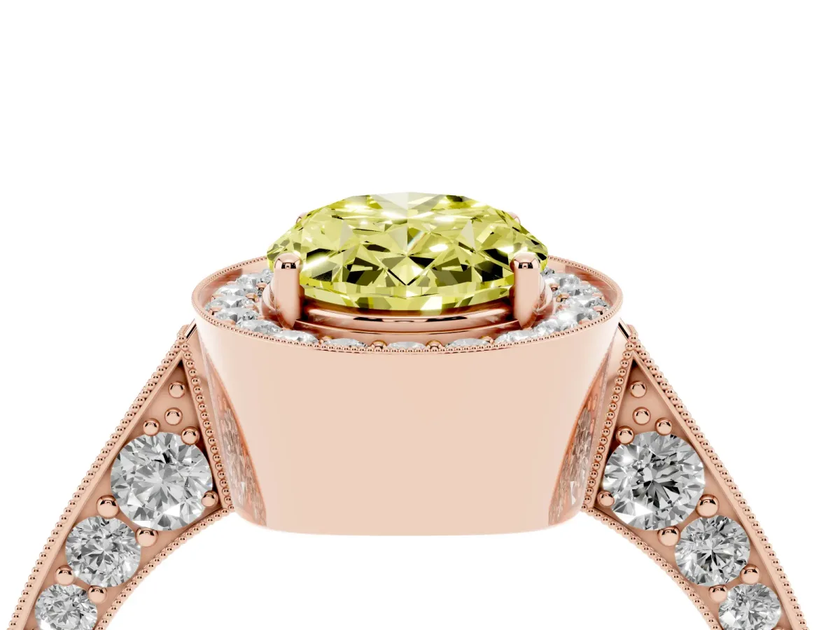 Fancy Yellow Oval Cut Halo Diamond Engagement Ring with Split Shank Band and Four-Prong Setting Rose gold