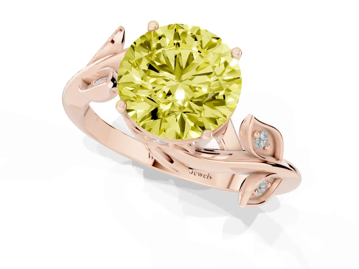 Fancy Yellow Round Cut Solitaire Twist Engagement Ring with Leaf Accents and Prong Setting Rose gold