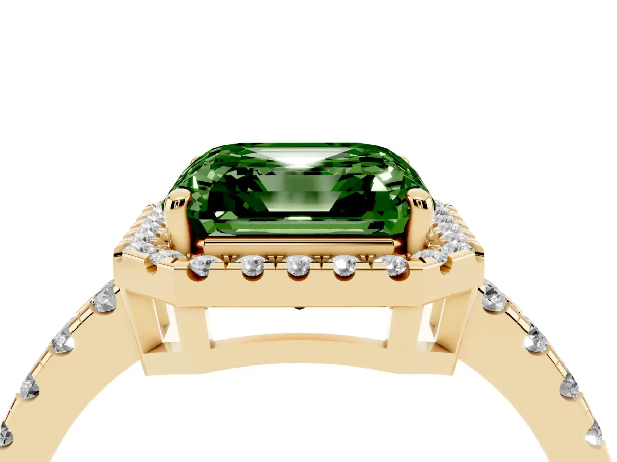Fancy Green Asscher Cut Diamond Halo Ring with Pavé Band and Four-Prong Setting Yellow gold