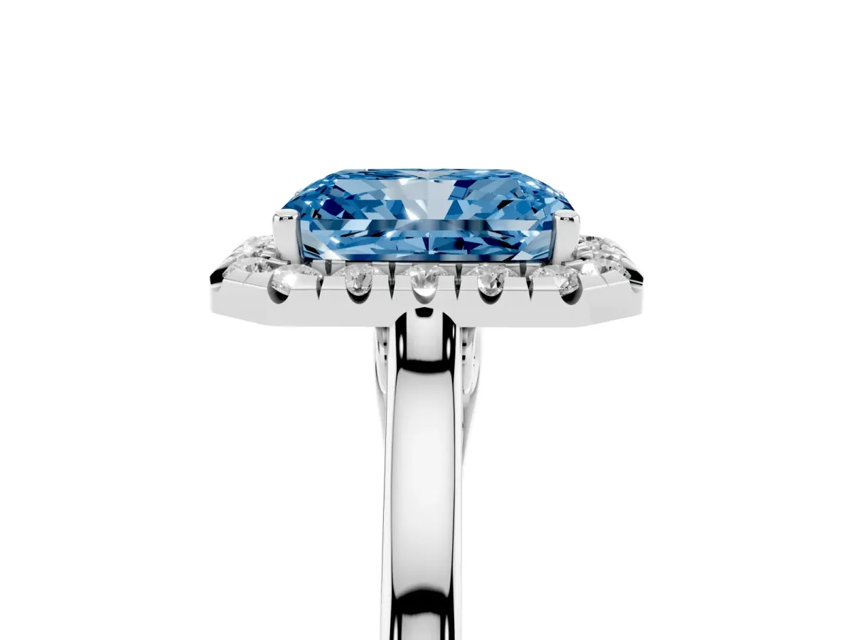 Fancy Blue Radiant Cut Halo Round Diamond Solitaire Ring with Pavé Band and Four-Prong Setting Silver