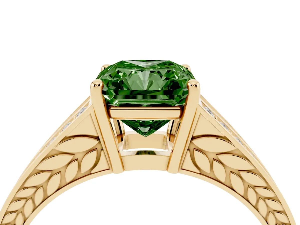 Fancy Green Radiant Cut Diamond Split Shank Ring with Pavé Band and Four-Prong Setting Yellow gold