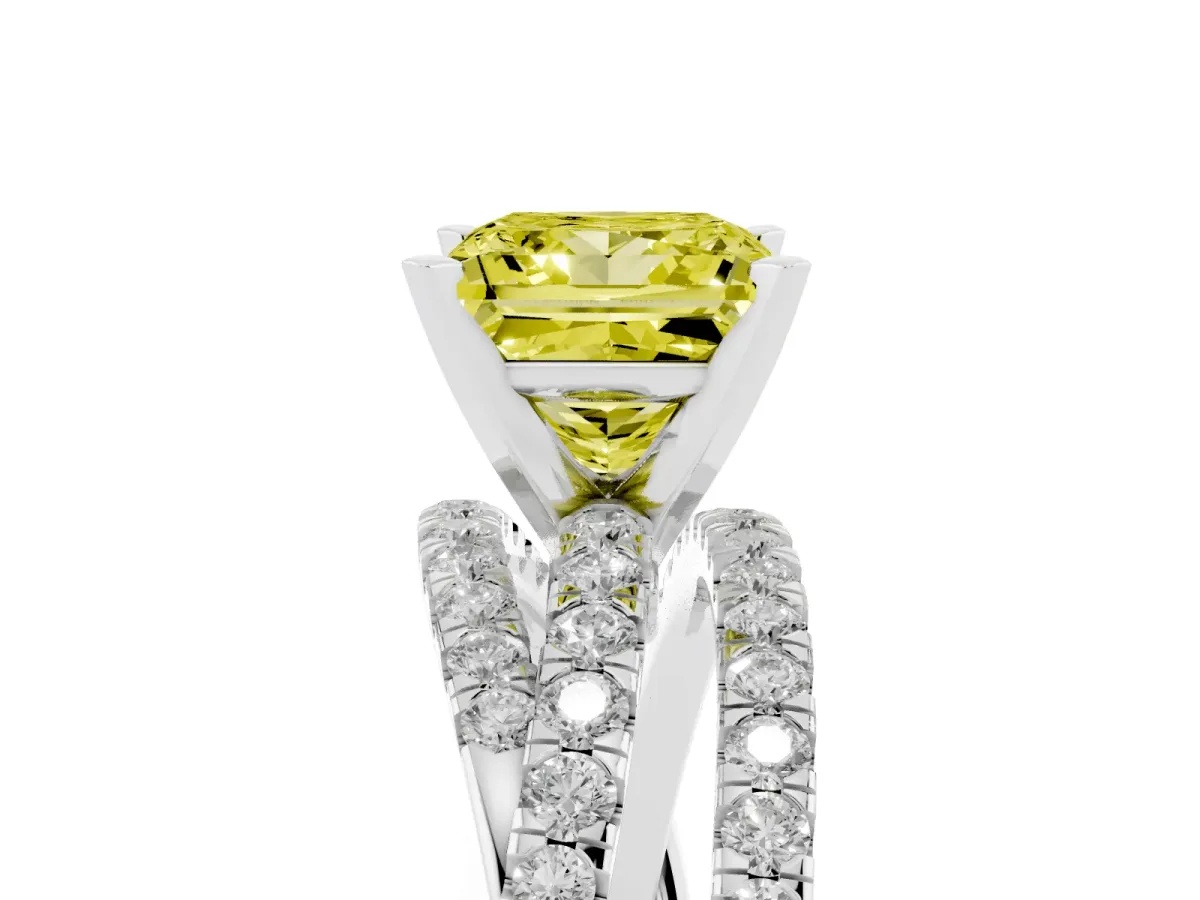Fancy Yellow Princess Cut Solitaire Twist Band with Pavé Setting and Four-Prong Setting Silver