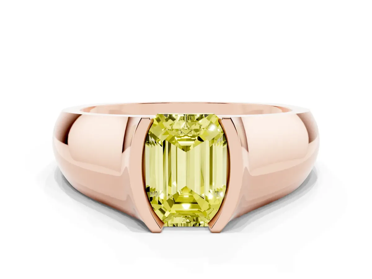 Fancy Yellow Emerald Cut Solitaire Bezel Set Diamond Ring with Wide Band Rose gold