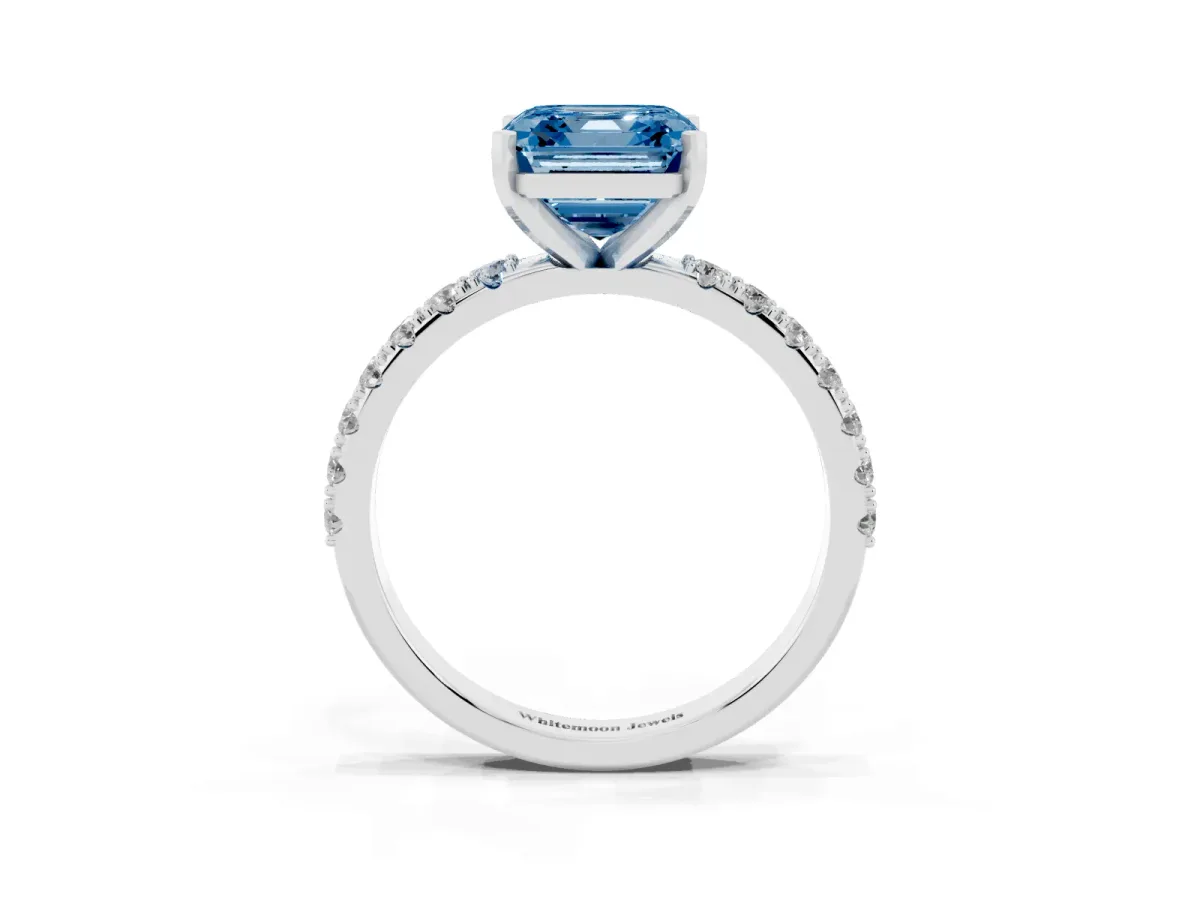 Fancy Blue Asscher Cut Diamond Solitaire Pavé Band with Four-Prong Setting Silver