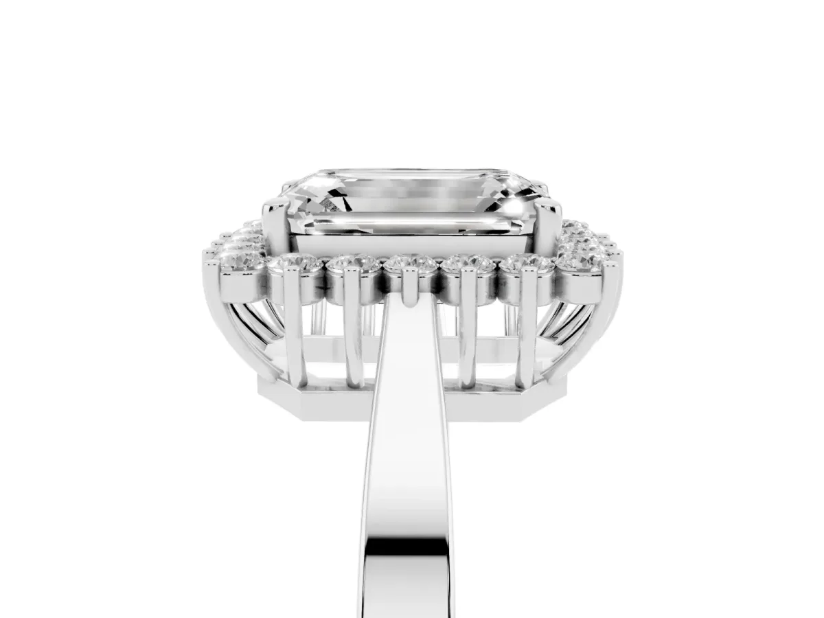 Emerald Cut Cut Diamond Halo Ring with Round Brilliant Halo and Solitaire Band Silver