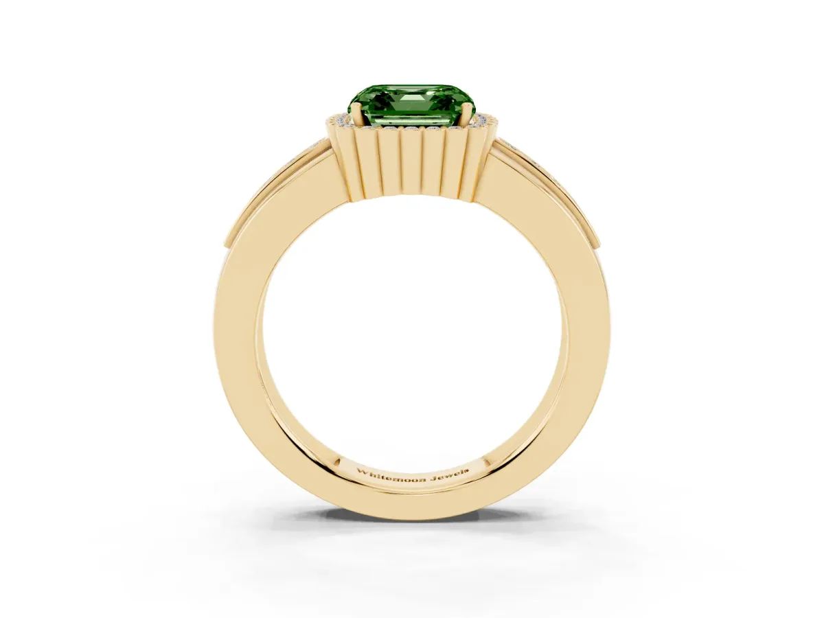 Fancy Green Asscher Cut Cut Halo Pave Band Four-Prong Ring Yellow gold
