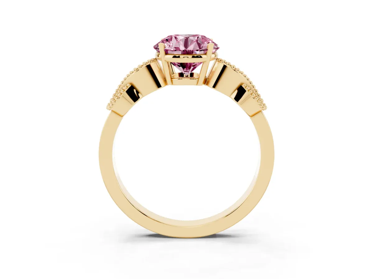 Fancy Pink Round Cut Solitaire Milgrain Leaf Band with Prong Setting Yellow gold