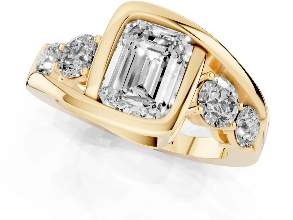 Bezel Set Emerald Cut Diamond Bypass Ring with Round Accents Yellow gold